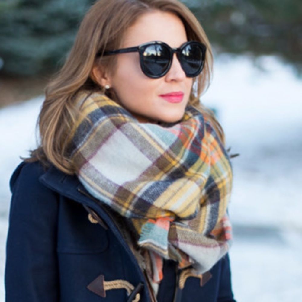 Zara Plaid Blanket Scarf in Yellow, Cream, Blue, Brown